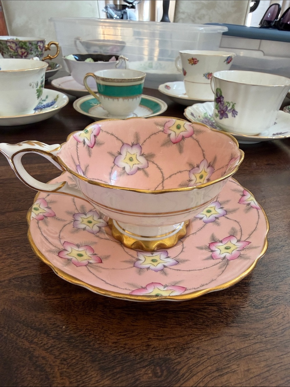 Royal Stafford Pink Floral Gold-Trim Teacup and Saucer - Elegant Bone China
